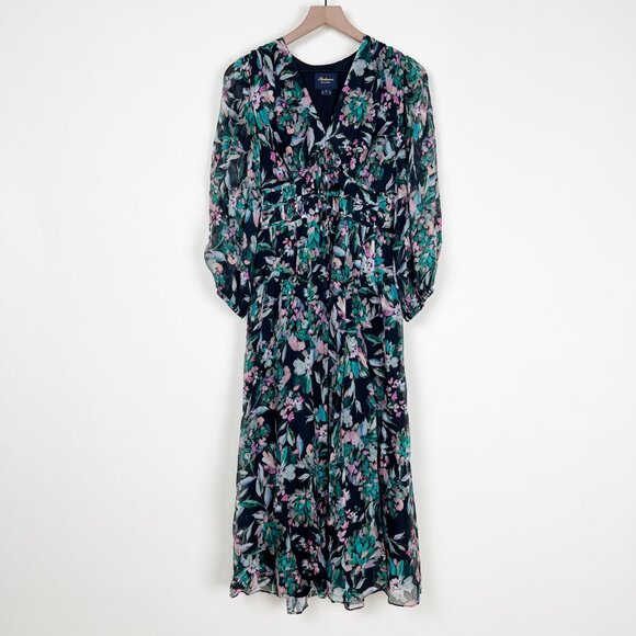 Anthropologie Shoshanna Silk Floral Midi Dress Sheer Puff Sleeve Wedding Guest 8 - Picture 4 of 11